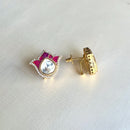 Jewel Treatzz Tulip Flower Stud Earrings Gold Plated With Dark Pink Enamel, Big Pear Shaped Uncut Polki Kundan Stone Bordered With CZ Stone