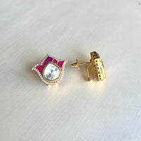 Jewel Treatzz Tulip Flower Stud Earrings Gold Plated With Dark Pink Enamel, Big Pear Shaped Uncut Polki Kundan Stone Bordered With CZ Stone