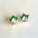 Jewel Treatzz Tulip Flower Stud Earrings Gold Plated With Green Enamel, Big Pear Shaped Uncut Polki Kundan Stone Bordered With CZ Stone