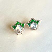 Jewel Treatzz Tulip Flower Stud Earrings Gold Plated With Green Enamel, Big Pear Shaped Uncut Polki Kundan Stone Bordered With CZ Stone