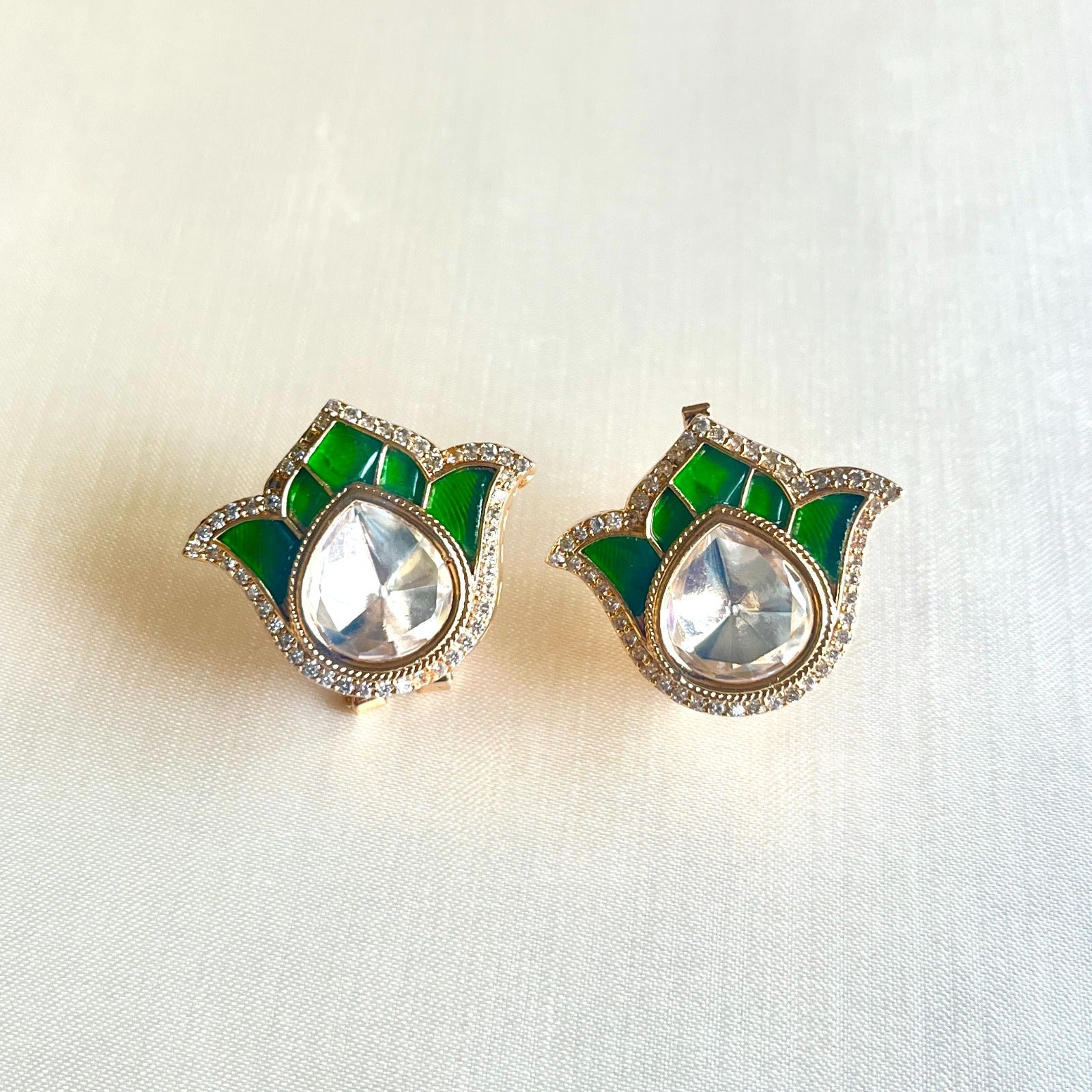 Jewel Treatzz Tulip Flower Stud Earrings Gold Plated With Green Enamel, Big Pear Shaped Uncut Polki Kundan Stone Bordered With CZ Stone
