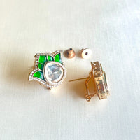 Jewel Treatzz Tulip Flower Stud Earrings Gold Plated With Green Enamel, Big Pear Shaped Uncut Polki Kundan Stone Bordered With CZ Stone