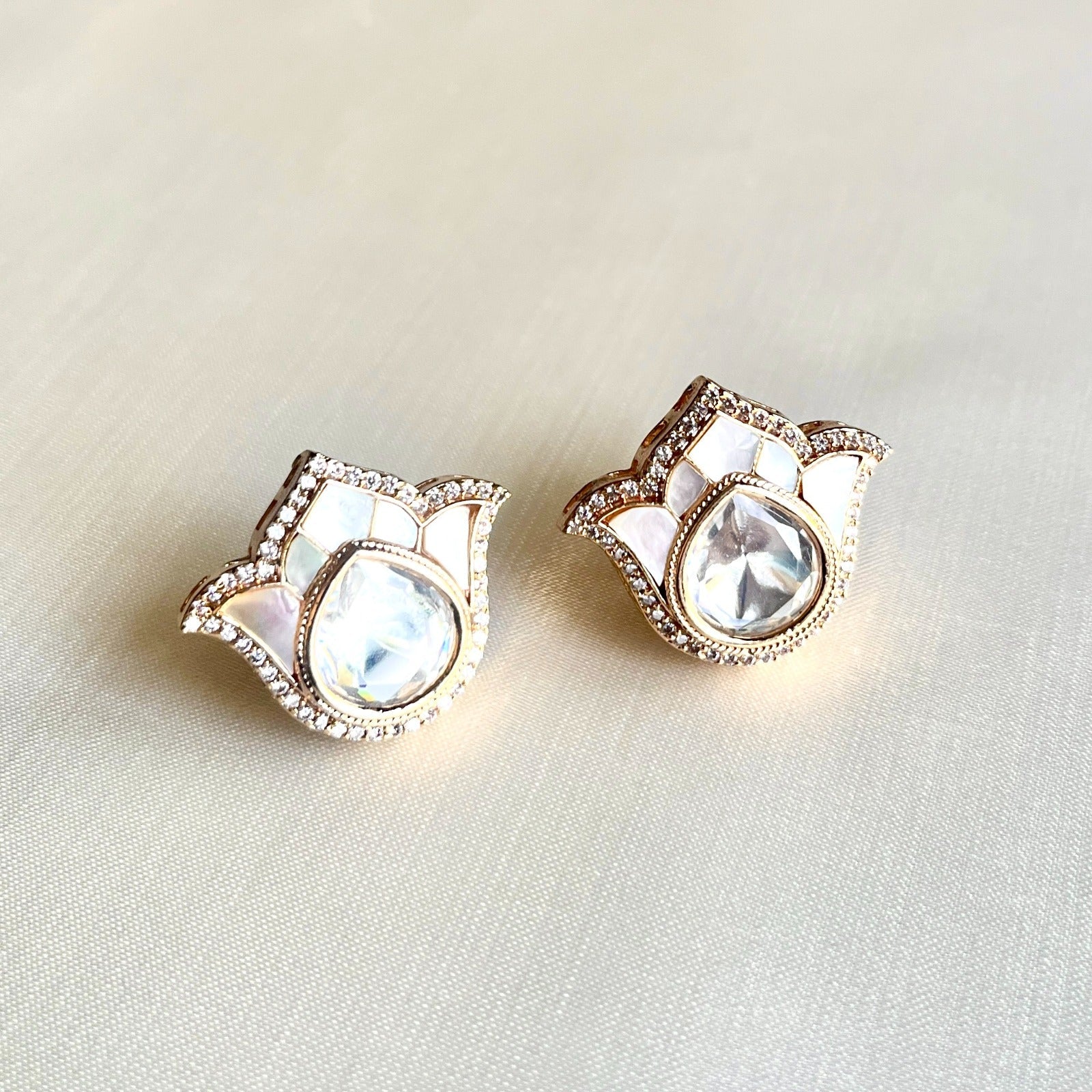 Jewel Treatzz Tulip Flower Stud Earrings Gold Plated With White Enamel, Big Pear Shaped Uncut Polki Kundan Stone Bordered With CZ Stone