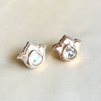 Jewel Treatzz Tulip Flower Stud Earrings Gold Plated With White Enamel, Big Pear Shaped Uncut Polki Kundan Stone Bordered With CZ Stone