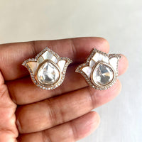 Jewel Treatzz Tulip Flower Stud Earrings Gold Plated With White Enamel, Big Pear Shaped Uncut Polki Kundan Stone Bordered With CZ Stone