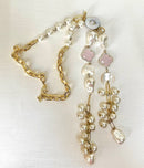 Jewel Treatzz Moon Shapes Mother Of Pearls Translucent Aqua Quartz With Clover Flower Chian Necklace