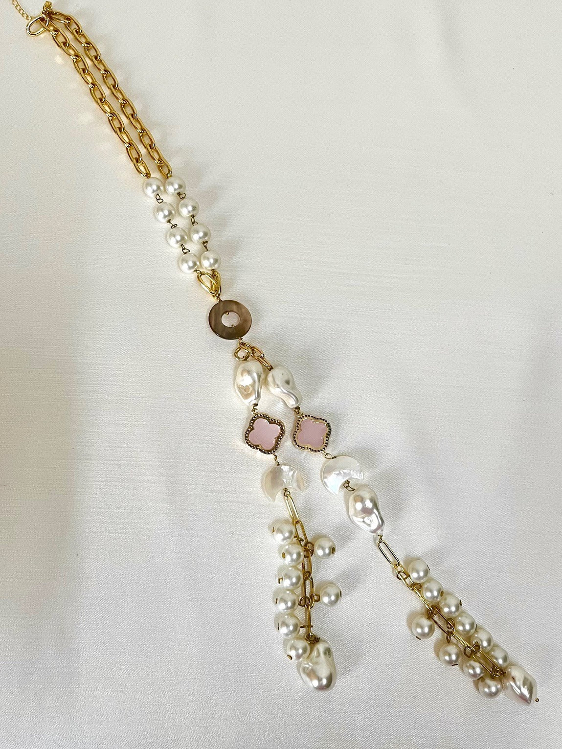 Jewel Treatzz Moon Shapes Mother Of Pearls Translucent Aqua Quartz With Clover Flower Chian Necklace