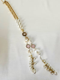 Jewel Treatzz Moon Shapes Mother Of Pearls Translucent Aqua Quartz With Clover Flower Chian Necklace