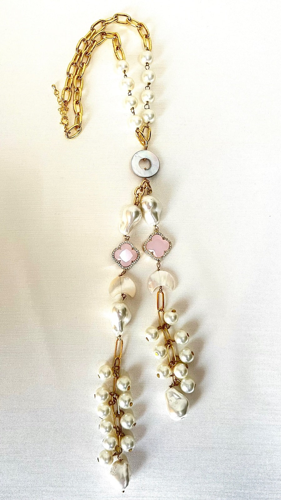 Jewel Treatzz Moon Shapes Mother Of Pearls Translucent Aqua Quartz With Clover Flower Chian Necklace