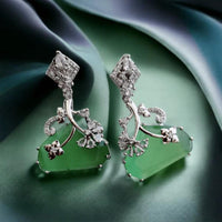 Jewel Treatzz Rhodium Plated, Pear Shaped Emerald Doublet Stone & Cubic Zirconia's Dangler Earrings (Pack of 10)