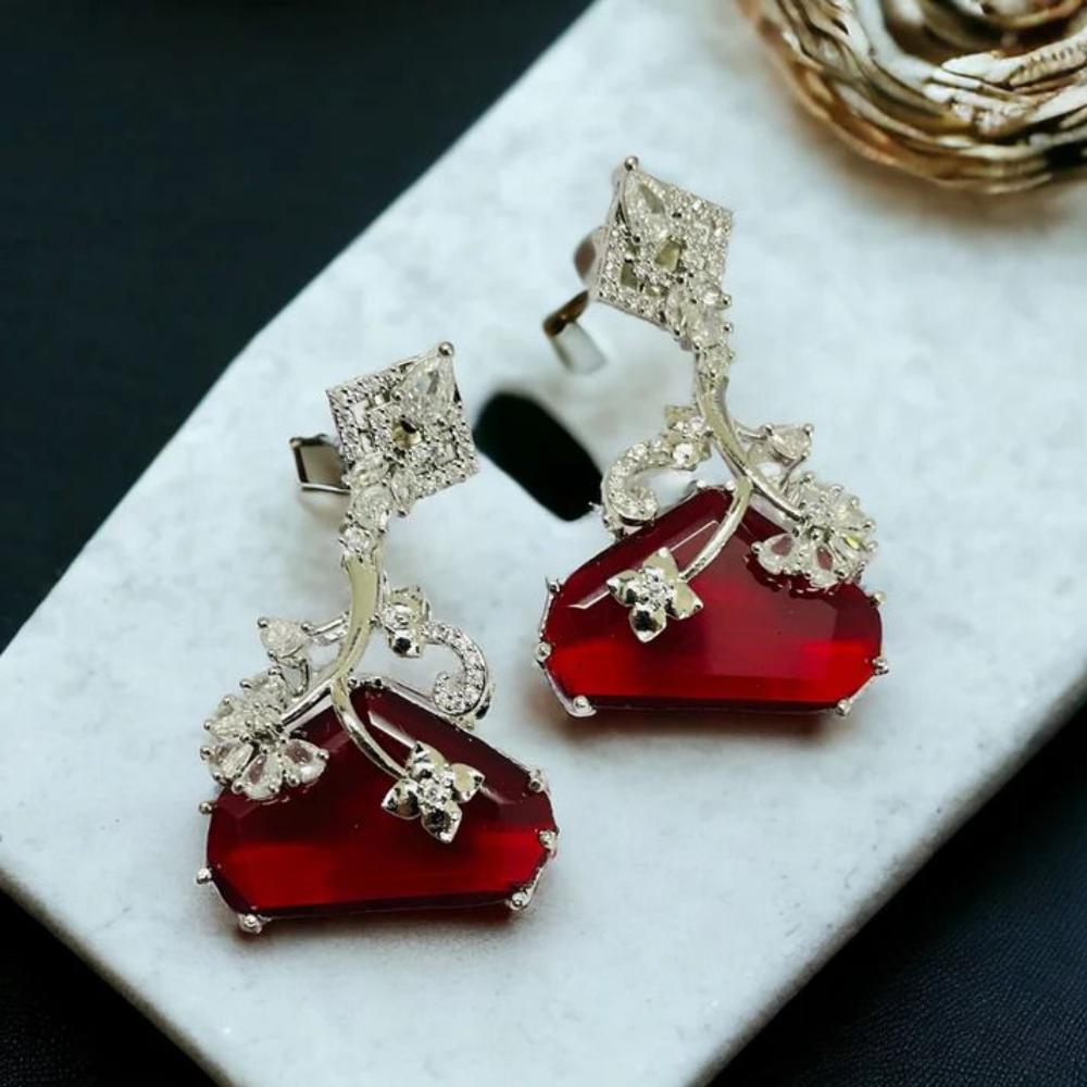 Jewel Treatzz Rhodium Plated, Pear Shaped Emerald Doublet Stone & Cubic Zirconia's Dangler Earrings (Pack of 10)