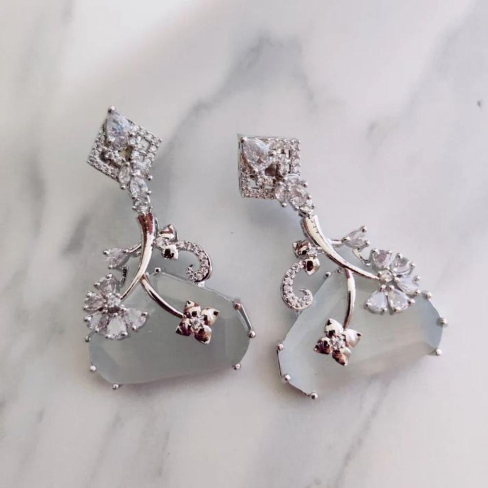 Jewel Treatzz Rhodium Plated, Pear Shaped Emerald Doublet Stone & Cubic Zirconia's Dangler Earrings (Pack of 10)
