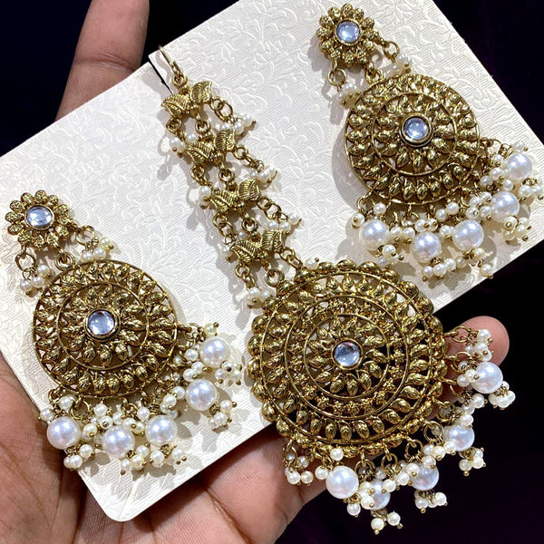 Rani Sati Jewels Gold Plated Pearl Dangler Earrings With Mangtikka