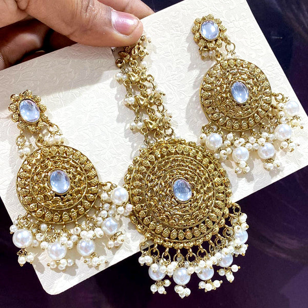 Rani Sati Jewels Gold Plated Pearl Dangler Earrings With Mangtikka