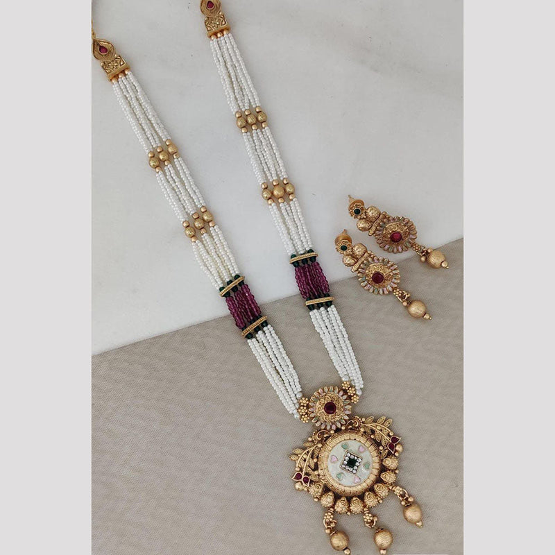 Rani Sati Jewels Gold Plated Pota Stone And Pearl Long Necklace Set