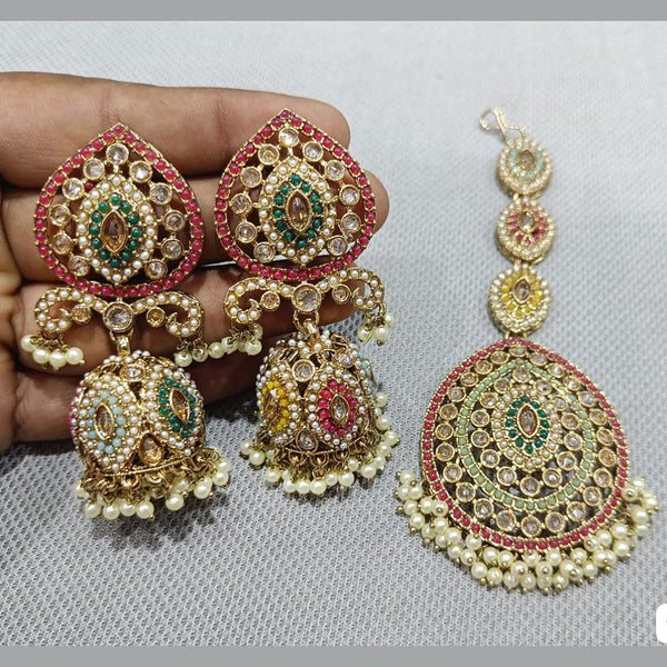 Rani Sati Jewellers Gold Plated Crystal Stone And Pearls Earrings With Maangtikka