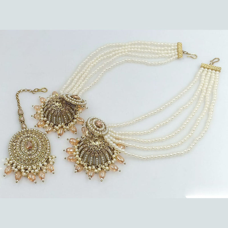 Rani Sati Jewels Gold Plated Pearl Kan Chain Jhumki Earrings With Mangtikka