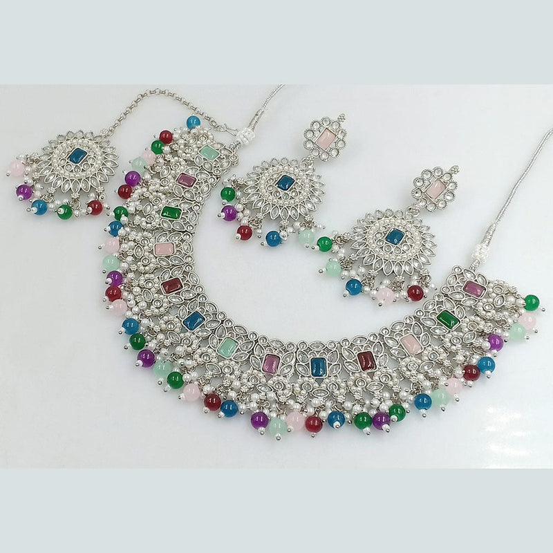 Rani Sati Jewels Silver  Plated Crystal Stone And Beads Necklace Set