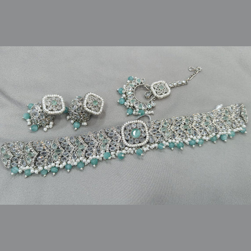 Rani Sati Jewels Silver Plated Crystal Stone And Pearls Choker Necklace Set