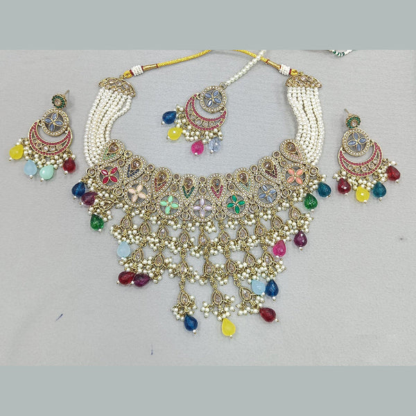 Rani Sati Jewels Gold Plated Crystal Stone And Beads Choker Necklace Set