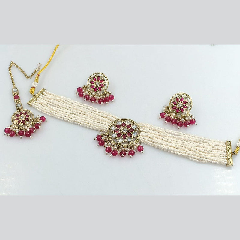 Rani Sati Jewels Gold Plated Crystal Stone And Pearl Choker Necklace Set