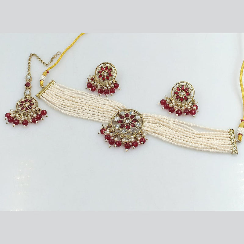 Rani Sati Jewels Gold Plated Crystal Stone And Pearl Choker Necklace Set