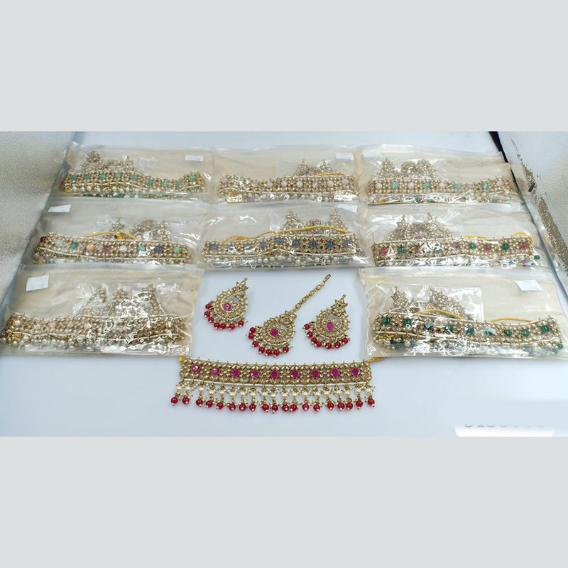 Rani Sati Jewels Gold Plated Crystal Stone And Pearl Choker Necklace Set