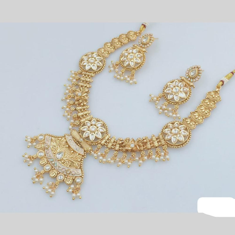 Rani Sati Jewels Gold Plated Pota Stone And Pearl Meenakari Necklace Set