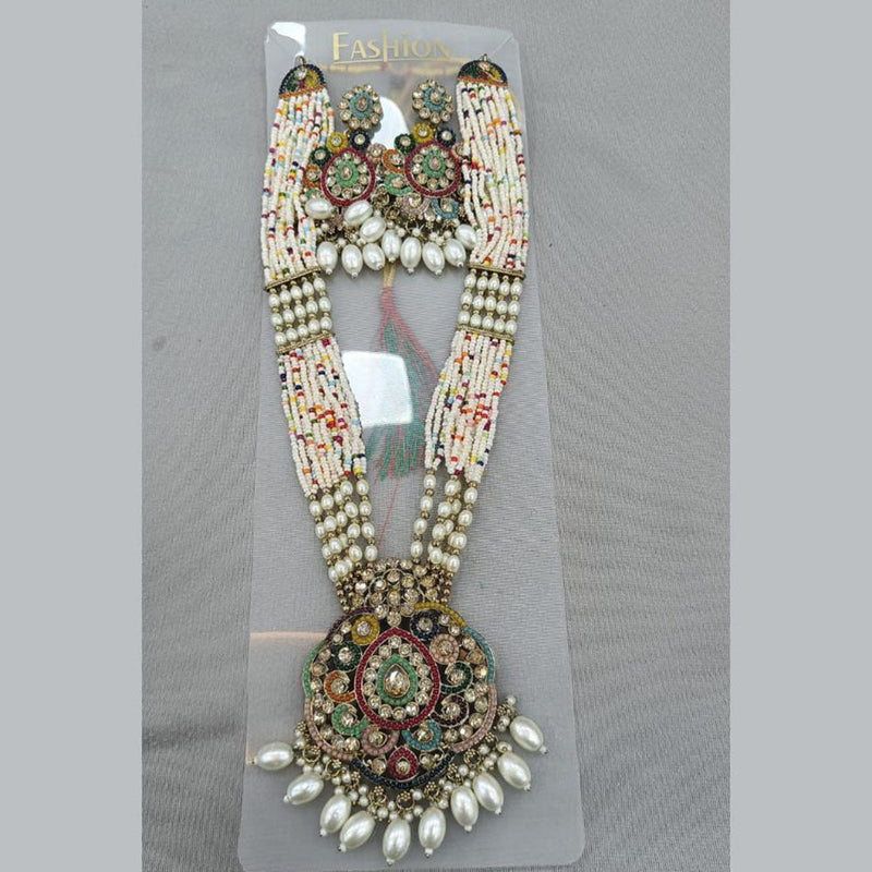 Rani Sati Jewels Gold Plated Crystal Stone And Pearls Long Necklace Set