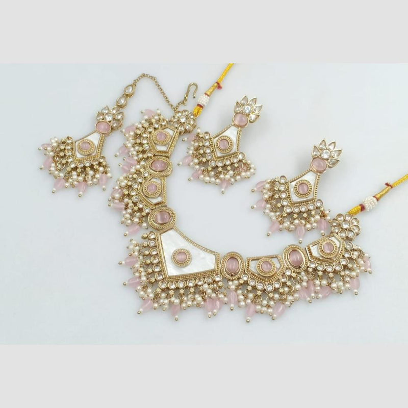 Rani Sati Jewels Gold Plated Pota Stone And Pearl Necklace Set