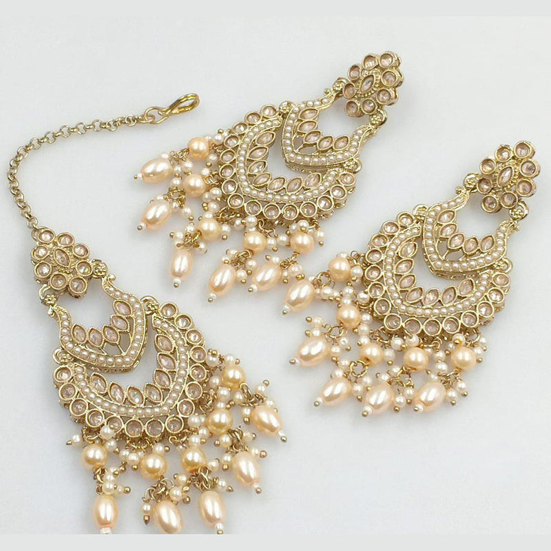 Rani Sati Jewels Gold Plated Crystal Stone And Pearls Dangler Earrings With Maangtikka