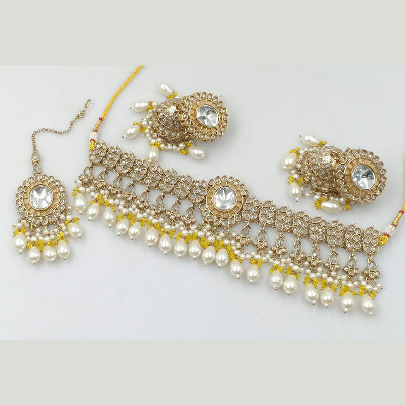 Rani Sati Jewels Gold Plated Crystal Stone And Pearls Choker Necklace Set