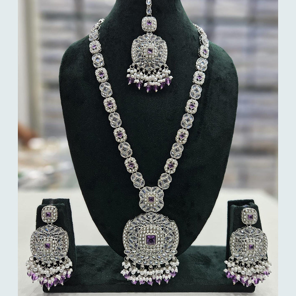 Rani Sati Jewels Silver Plated Crystal Stone And Pearls Long Necklace Set