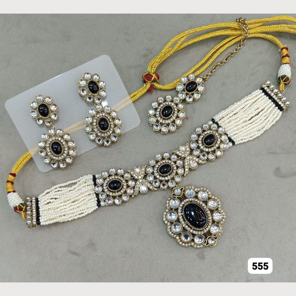 Rani Sati Jewels Gold Plated Pota Stone Beads And Pearls Choker Necklace Set