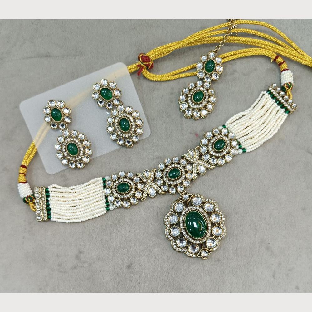 Rani Sati Jewels Gold Plated Pota Stone Beads And Pearls Choker Necklace Set