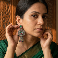 Wearhouse Fashion Oxidised Plated Pota Stone And Pearl Jhumki Earrings