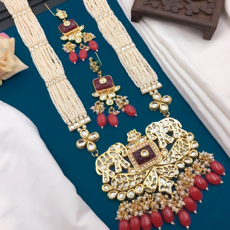 Shree Jai Sai Art Gold Plated Kundan And pearl Long Necklace Set