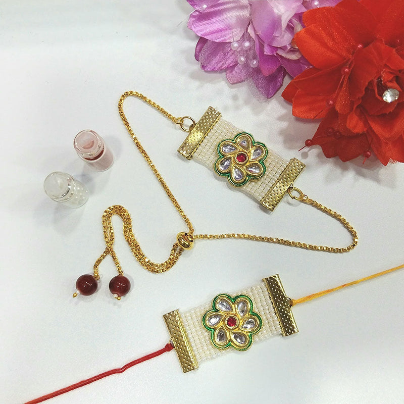 Shree Jai Sai Art Gold Plated Kundan And Pearls Rakhi Combo Set