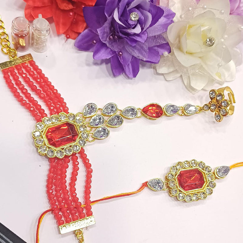 Shree Jai Sai Art Gold Plated Kundan And Pearls Rakhi Combo Set