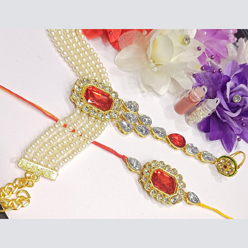 Shree Jai Sai Art Gold Plated Kundan And Pearls Rakhi Combo Set