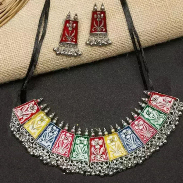 Bevy Pearls Oxidised Plated Choker Meenakari Necklace Set