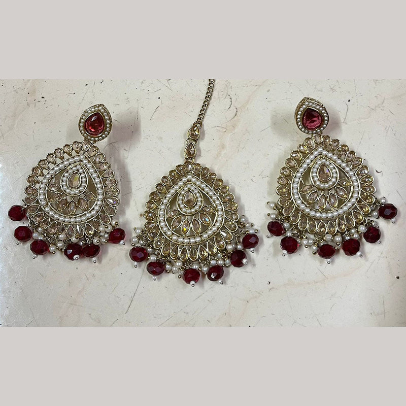 Shree Chamunda Jewellers Gold Plated Crystal Stone And Pearls Earrings With Maangtikka