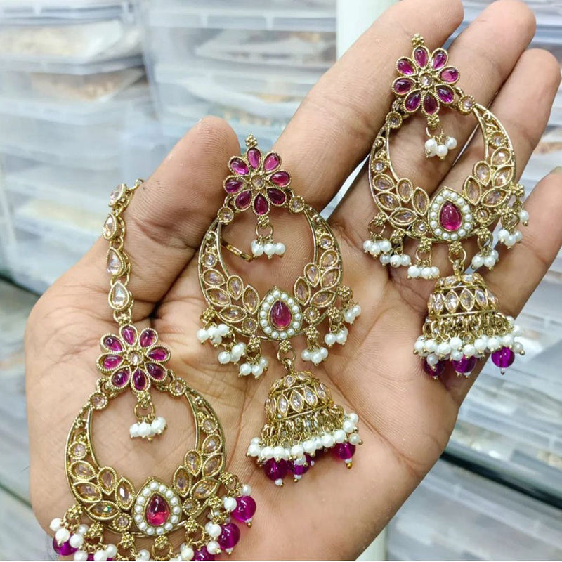 Shree Chamunda Jewellers Gold Plated Crystal Stone And Pearls Earrings With Maangtikka