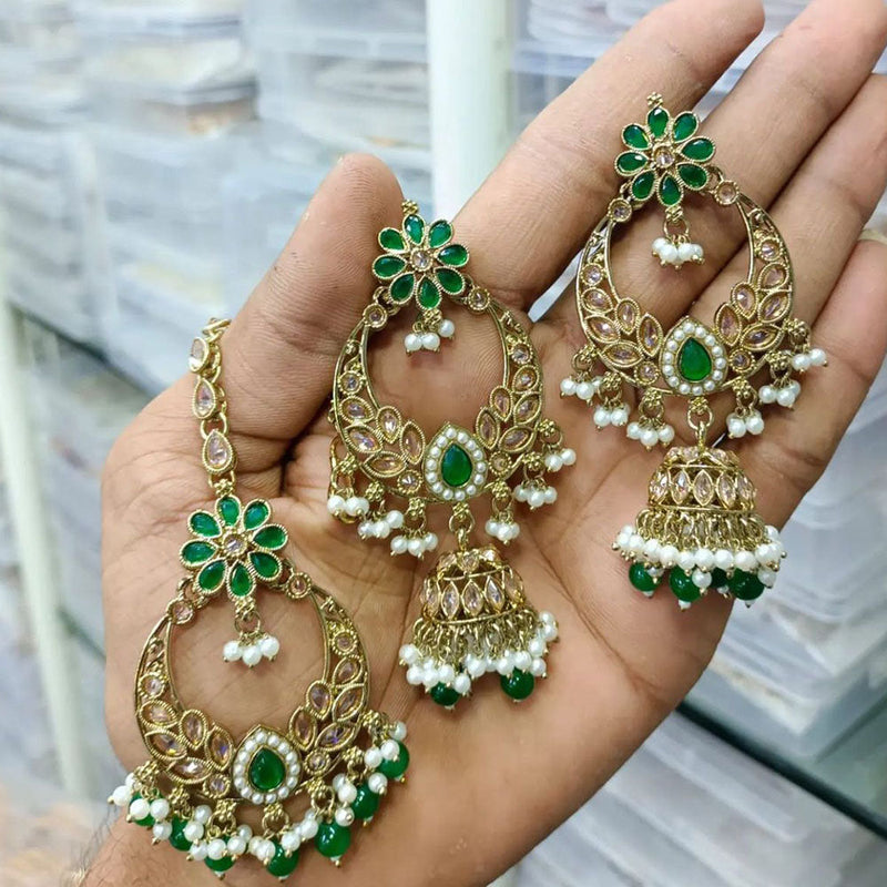 Shree Chamunda Jewellers Gold Plated Crystal Stone And Pearls Earrings With Maangtikka