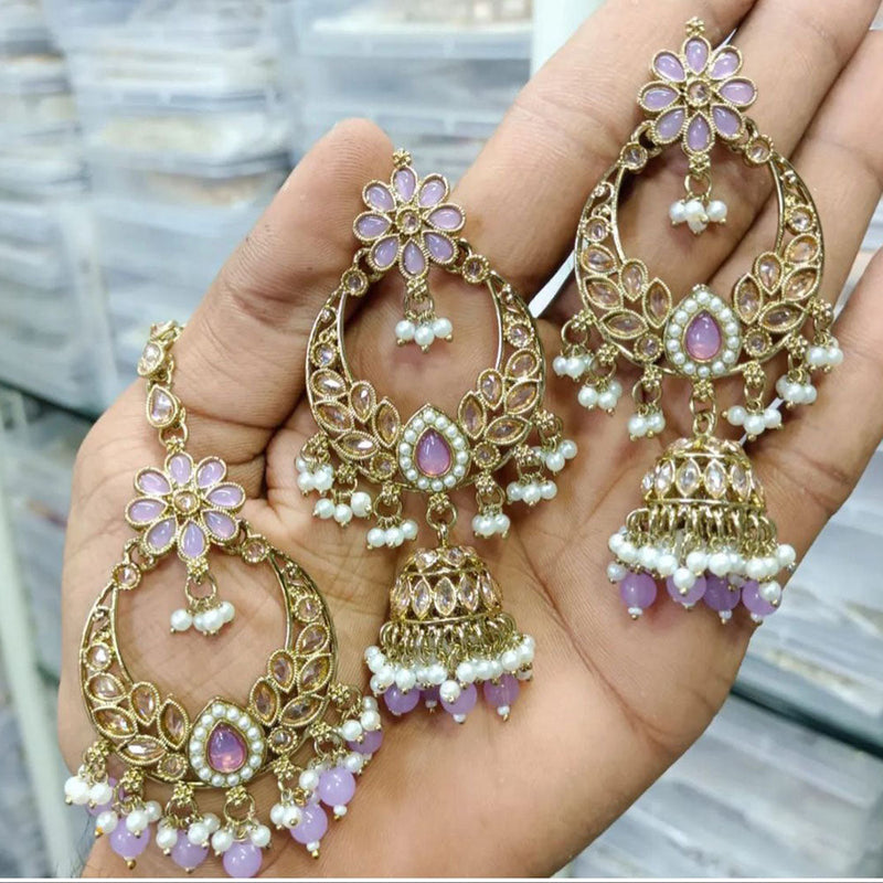 Shree Chamunda Jewellers Gold Plated Crystal Stone And Pearls Earrings With Maangtikka