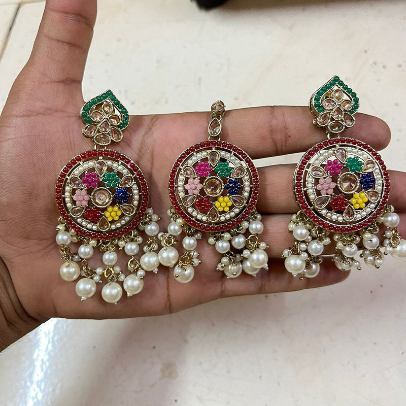 Shree Chamunda Jewellers Gold Plated Crystal Stone And Pearls Earrings With Maangtikka