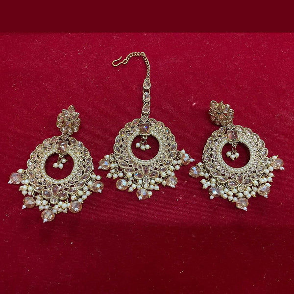 Shree Chamunda Jewellers Gold Plated Crystal Stone And Pearls Earrings With Maangtikka