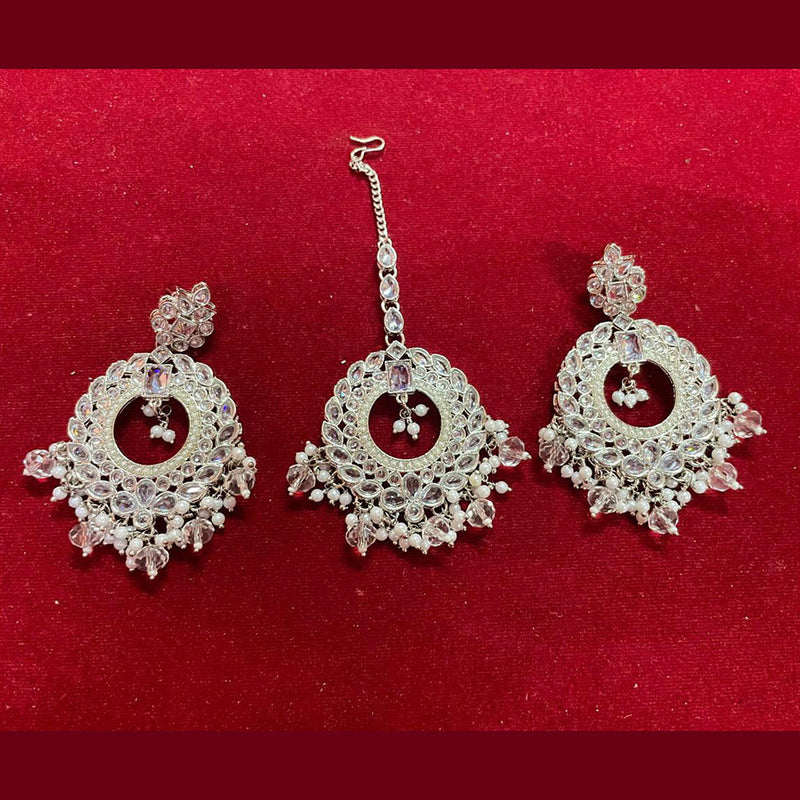 Shree Chamunda Jewellers Gold Plated Crystal Stone And Pearls Earrings With Maangtikka