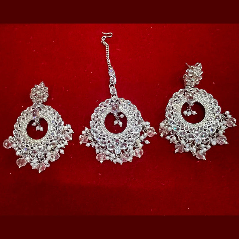 Shree Chamunda Jewellers Silver Plated Crystal Stone And Pearls Earrings With Maangtikka