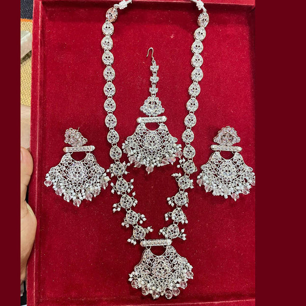 Shree Chamunda Jewellers Silver Plated  Crystal Stone Pearl Long Necklace Set
